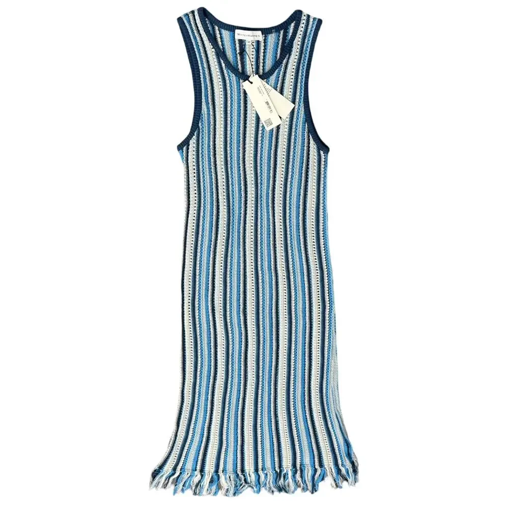White + Warren Blue White Stripe Mercerized Cotton Fringe Midi Dress XS NEW Tags